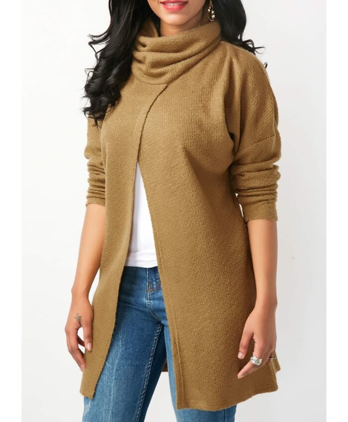 Cowl Neck Crossover Hem Tan Brown Longline Blouse